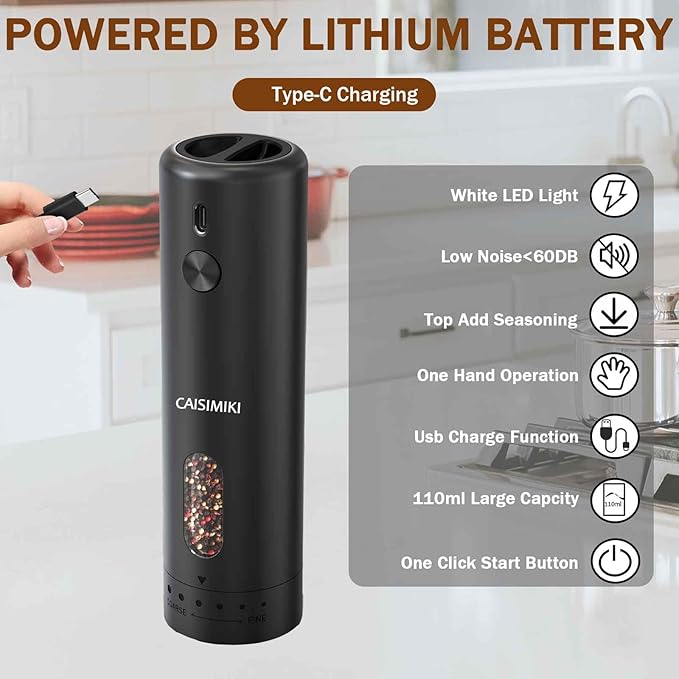 Large Capacity Rechargeable Electric Pepper Grinder 2025 New Pepper Mill USB Black Automatic Pepper Mill Adjustable Coarseness Salt Shakers with LED Light One Hand