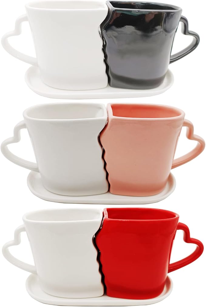 Large Kissing Mugs Set 16oz Kiss Couples Two Coffee Cups and Saucer Love Gifts for Anniversary,Wedding,Valentines,Birthday, Engagement,Lovers Household Tableware (white red)