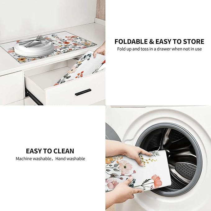 2Pcs Dish Drying Mats Faucet Mats Sets Large Size Coffee Mats Sink Faucet Mat Splash Guard for Kitchen Counter Bathroom Sink Coffee Bar Kitchen Decor (Colorful Wildflowers, 18"x24" 15" x 5.5"Set)