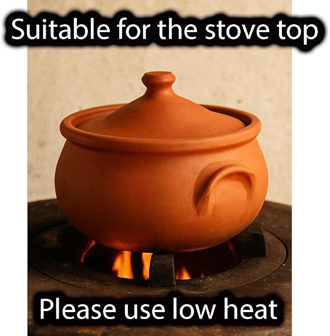 Small Earthenware Clay Mexican Mud Eathern Terracotta Cooking Pot Pottery Cazuela Cookware with Lid Natural Stovetop Stove Top Stone Stew Rice Unglazed Indian Kitchen Oven Terra Cotta Handcrafted Traditional Healthy (1.2 Quarts - Size2)