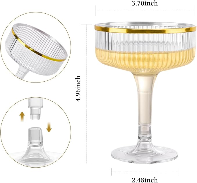 Goodluck 4-Tier Champagne Tower Glasses - 20 PCS 7oz Clear Plastic Champagne Flutes, Plastic Coupe Glasses with Vertical Stripes for Weddings, Celebrations, Parties & Birthdays(Gold Rim)