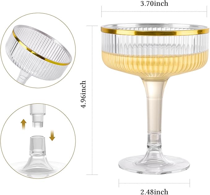 Goodluck 3-Tier Champagne Tower Glasses - 10 PCS 7oz Clear Plastic Champagne Flutes, Plastic Coupe Glasses with Vertical Stripes for Weddings, Celebrations, Parties & Birthdays(Gold Rim)