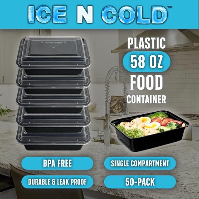ICE N COLD Reusable To-Go Food Meal Prep Storage Containers with Leak Proof Snap Lids 58oz | 1715ml | 150-Pack