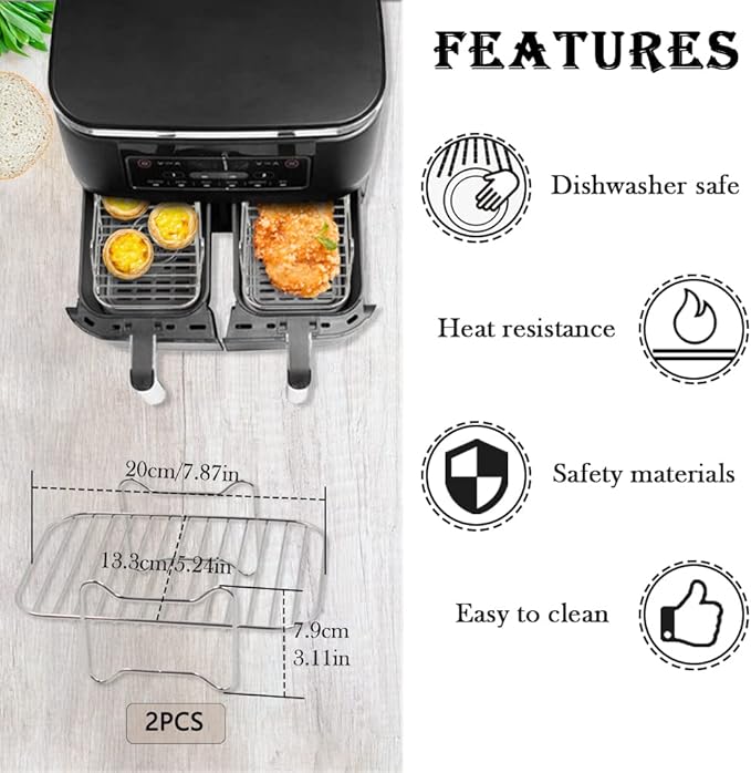 2pcs 8Qt Air Fryer Rack Set with 100pcs Parchment Paper Compatible with Ninja Foodi Air Fryer DZ201, DZ401, 304 Stainless Steel Toast Dehydrator Racks Paper Liners for Double Basket
