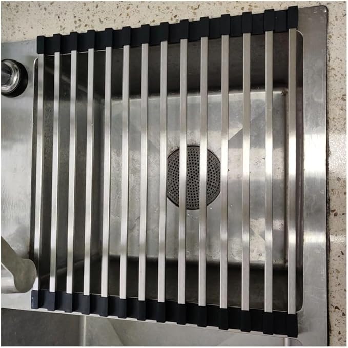 37/40/43/45/47/50/52 CM Collapsible Roll up Dish Drying Rack, Over The Sink Square Tubes Foldable Stainless Steel Drainer for Kitchen(Black,37x43cm/14.6x16.9in)