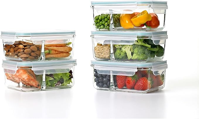 Glasslock Duo 5 Piece Clear Tempered Glass Microwave, Dishwasher, Freezer Safe Divided Food Storage Containers with Snap Close BPA Free Plastic Lids