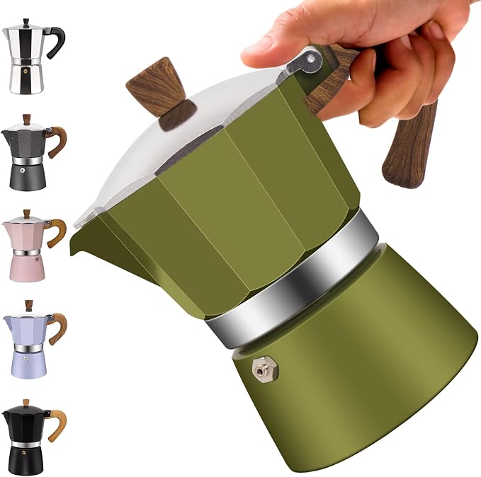 6 Cup Aluminum Moka Pot Classic Stovetop Espresso Coffee Maker 300ml 10oz Coffeemaker Percolator Mocha Pot Greca Coffee Maker Cafe Makers for Italian and Cuban Café Brewing Green
