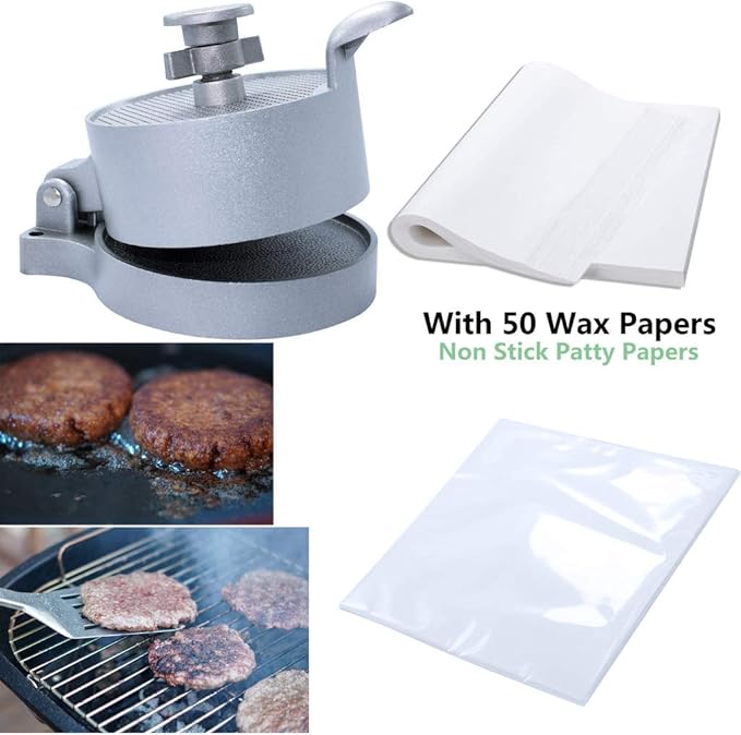 laffeya Burger Press, Hamburger Maker with 50 Non Stick Patty Papers, Adjustable Burger Press Makes 4 1/2" Patties, 1/4Lb to 3/4Lb (Burger Press with Paper)