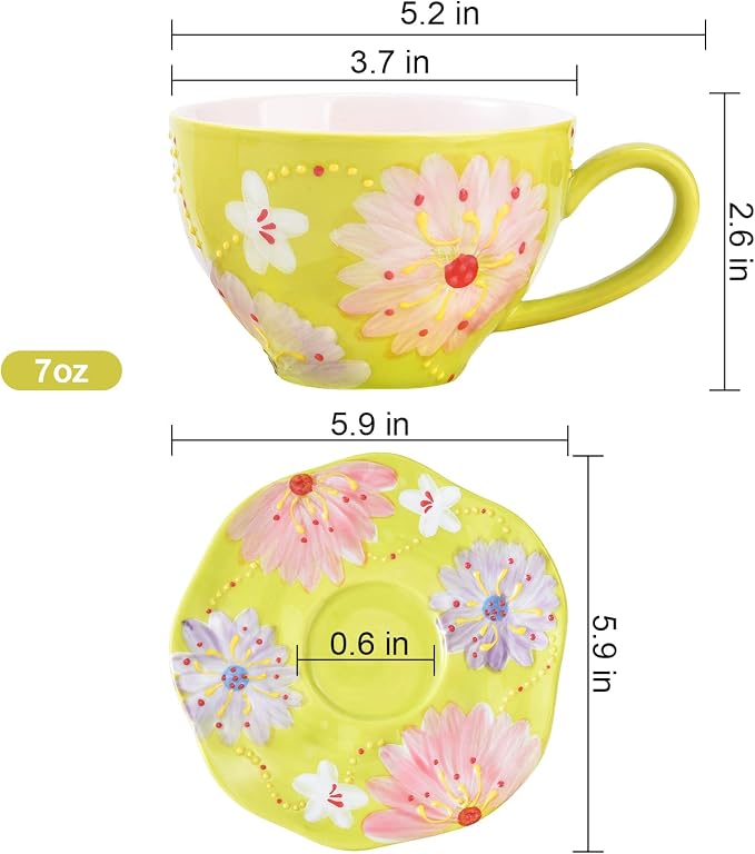Adorable Bunny-Themed Pink Ceramic Cup & Saucer Set，7oz hand-painted ceramic Perfect for fairy tea parties, birthday gifts, parties, Christmas, and New Year. (Green)