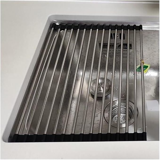 37-47 CM Roll Up Dish Drying Rack Over The Sink Portable Stainless Still Rolling Rack Folding Mat, Sink Cover Multipurpose Organizer Collapsible Dish Drainer(Black,43x35cm/16.9x13.8in)
