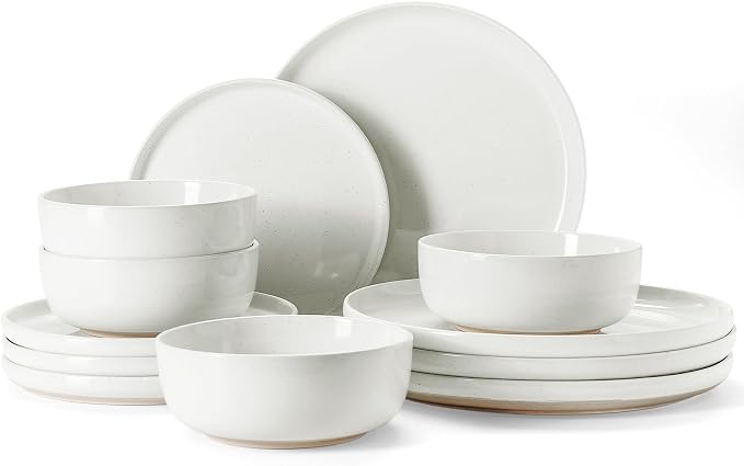 Famiware Milkyway 12-Piece Stoneware Dinnerware Set for 4, Plates and Bowls, Scratch Resistant, Microwave & Dishwasher Safe, White