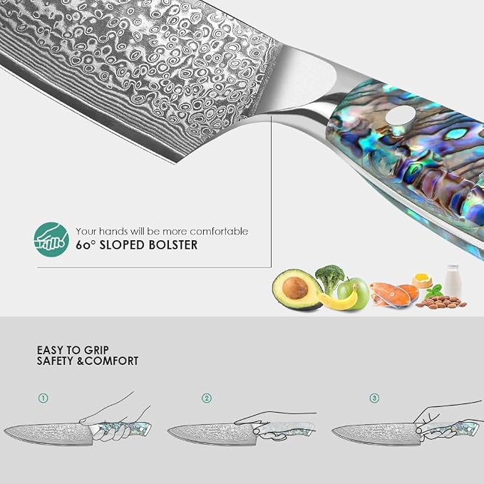 KEENZO Damascus Chef Knife 8 inch, Professional Kitchen Knives,Sharp Japanese Chef's Knife, Hand Forged 67-Layer Damascus Steel Cooking Knife, Ergonomic Abalone Shell handle with Gift Box