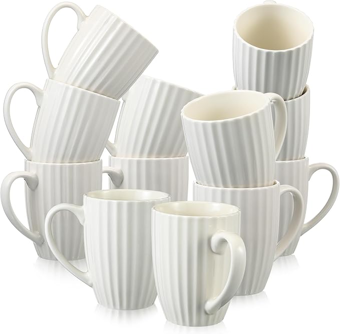 CHENGU Ribbed Coffee Mugs Set of 12, 14 oz Ceramic Coffee Cups with Big Handle, Large Modern White Ribbed Design Tea Cup for Latte, Cocoa, Milk, Hot Cocoa, Microwave & Dishwasher Safe