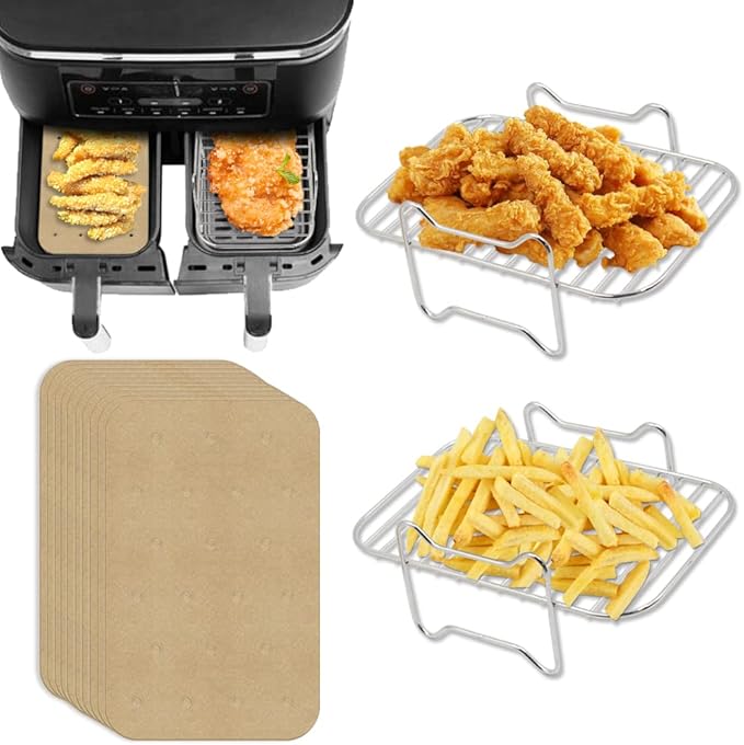 2pcs 8Qt Air Fryer Rack Set with 100pcs Parchment Paper Compatible with Ninja Foodi Air Fryer DZ201, DZ401, 304 Stainless Steel Toast Dehydrator Racks Paper Liners for Double Basket