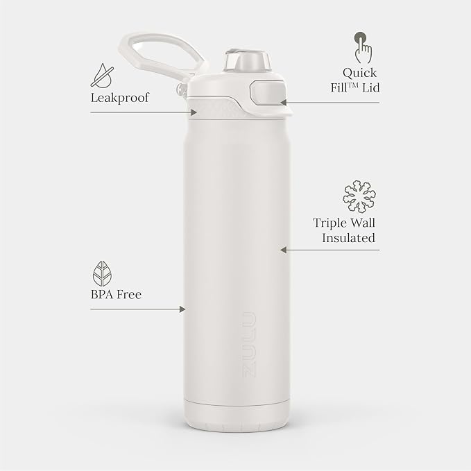 ZULU Powerfill Pro 32oz Stainless Steel Water Bottle with Quick Fill Lid, Triple Walled Vacuum Insulated Metal, Leak Proof Locking Lid, Sip and Chug, Reusable BPA Free, White