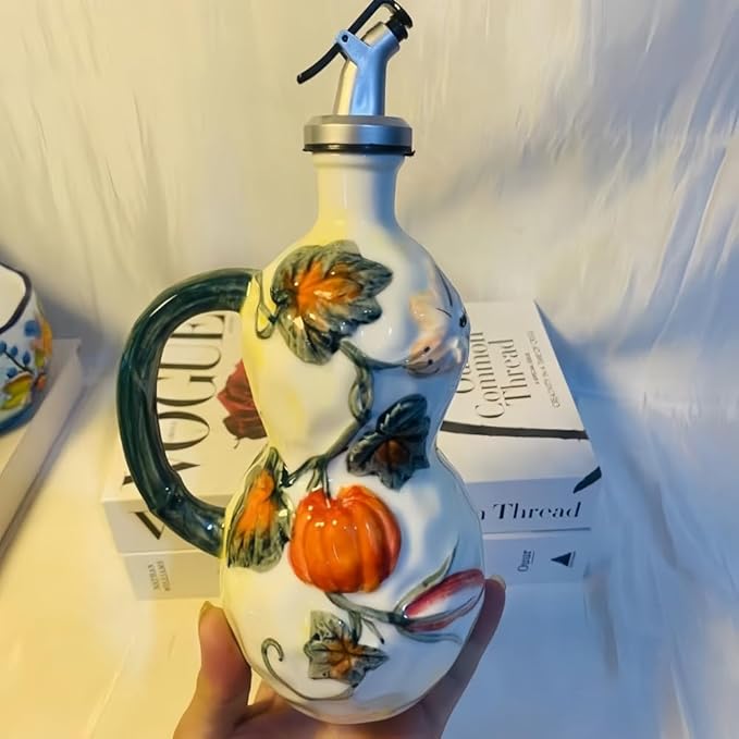 18.26oz/540ml Decorative Olive Oil Dispenser Bottle for Kitchen,Hand Painted Relief Ceramic Olive Oil Bottle,Ceramic Oil Container (Pumpkin)
