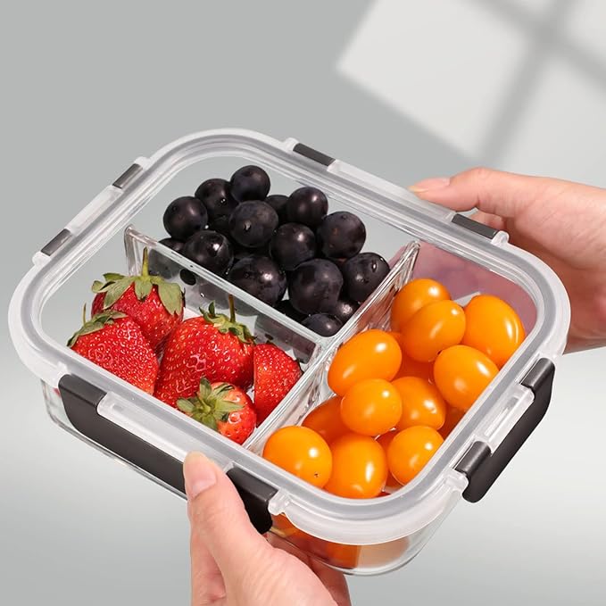 DAS TRUST [5-Packs, 36 oz Glass Meal Prep Containers 3 Compartment with Lids, Glass Lunch Containers,Food Prep Lunch Box,Bento Box,Microwave, Oven, Freezer, Dishwasher (4.5 Cups, Gray)