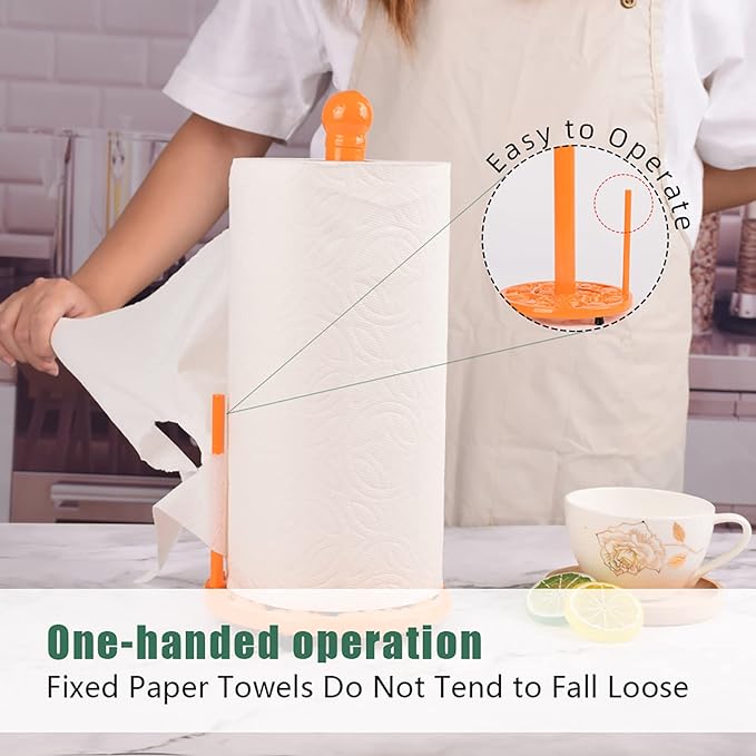 Orange Cast Iron Paper Towel Holder for Kitchen Countertop - Vintage Pumpkin Pattern Standing Dispenser with Heavy Weighted Base, Vibrant Farmhouse Decor, Fits Jumbo Rolls, One-Handed Tear