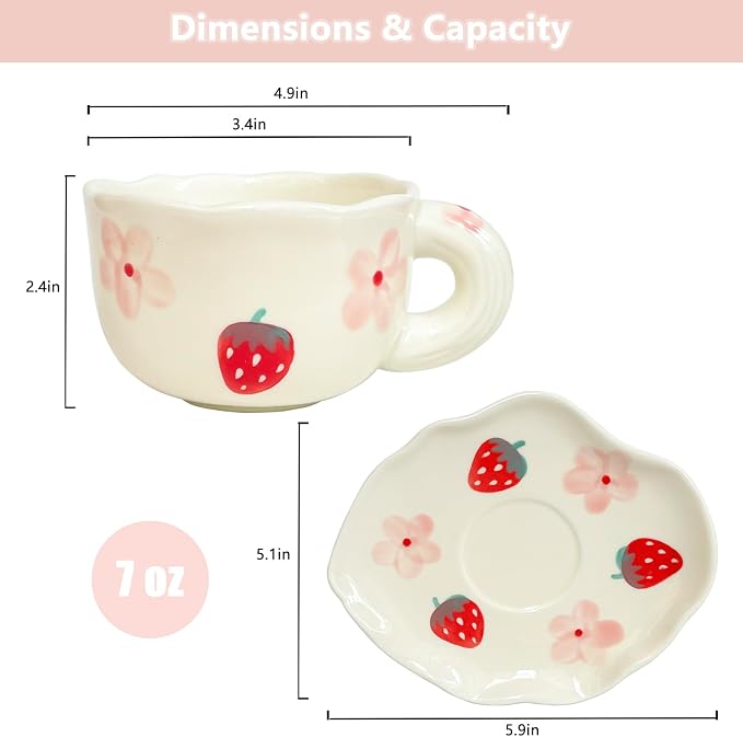 Noviko Coffee Mug with Saucer Ceramic TeaCup Unique Coffee Mugs for Women (Strawberry S)