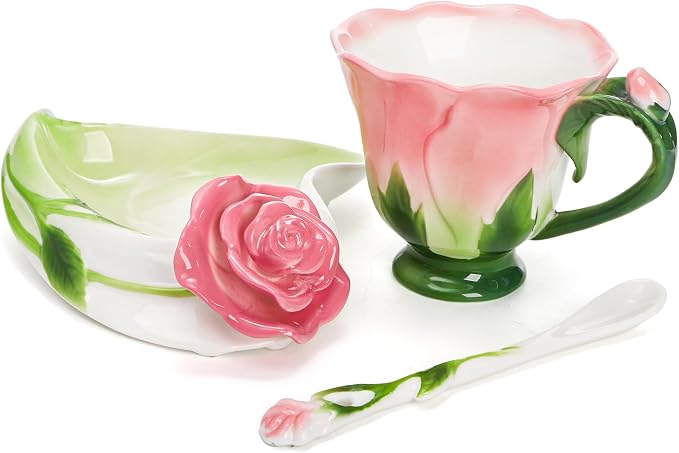 Cididu Pink Tea Cups with Saucer and Spoon, 4.5 Oz Small Ceramic Rose Flower Tea Cup Set for Women Girls, Hand Crafted Vintage Coffee Latte Mug, Fancy Teaware for Mother's Day, Birthday Gift, Wedding