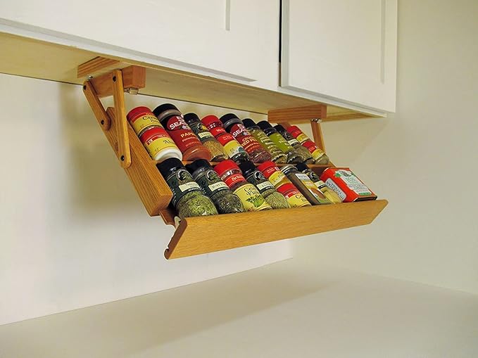 Kitchen Storage Under Cabinet Spice Rack, Handmade Hardwood, Holds 16 Large or 32 Small Spice Containers