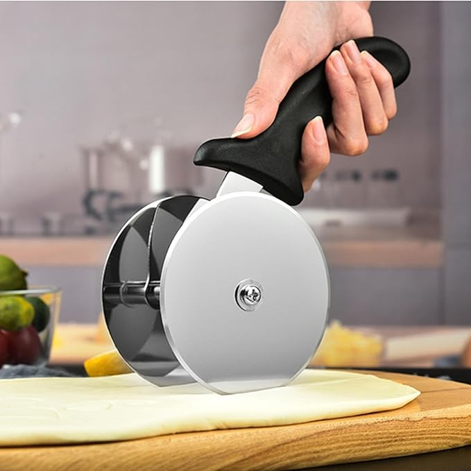 Stainless Steel Double Wheel Vegetable Cutter, Pizza Wheel With Sharp Blade For Cutting Shells, Pies, Cheese, with Built-in Finger Guard & Non-Slip Plastic Handle, Dishwasher Safe (2 pcs)