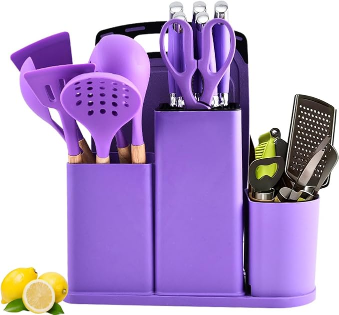 Kitchen Utensils and Knives Set, 20PCS Knife and Cooking Spoon Tools Set with Storage Holder, Sharp Stainless Steel Knife Sets with Bread, Chef Knife (Purple)