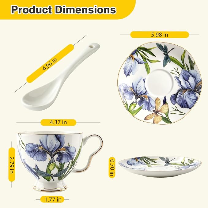 Bone China Tea Cup and Saucer Set with Spoon，Elegant Floral Tea Cup Set (7 oz)，British Coffee Latte Mug for Birthday Party Christmas gift for Friends