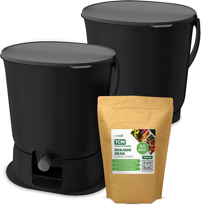 TeraGanix Bokashi Compost Starter Kit, Essential Set + Base, Indoor Composting, 2X 15.3L (4 gal) Bins, Collect & Ferment Waste, Airtight, No Pests or Odors, Bokashi Rice Bran Included, (Black)