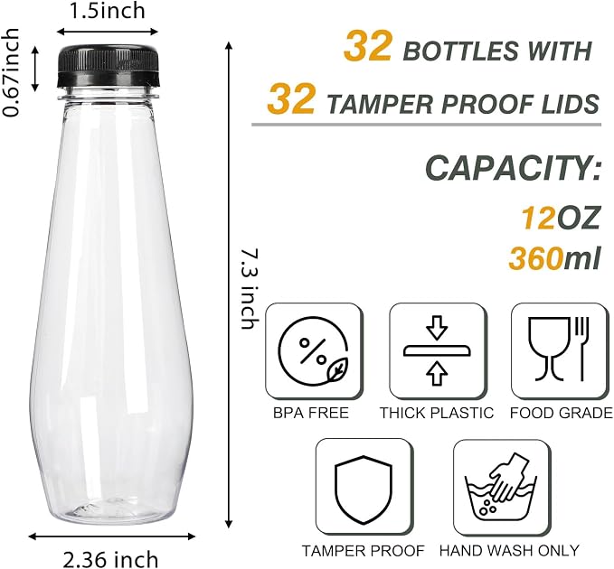 TOMNK 32pcs 12oz Juice Bottles, Empty Plastic Juicing Bottles with Caps, Cone Reusable Bottles Clear Bulk Beverage Containers for Juicing, Drinking, Milkshake, Tea and Other Beverages