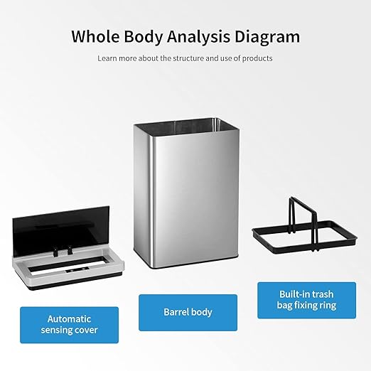 PayLessHere Stainless Steel Trash Can 13 Gallon 50 Liter Kitchen Bathroom Bedroom Home Office Automatic Touch Free High-Capacity with Lid Brushed Waste Bin