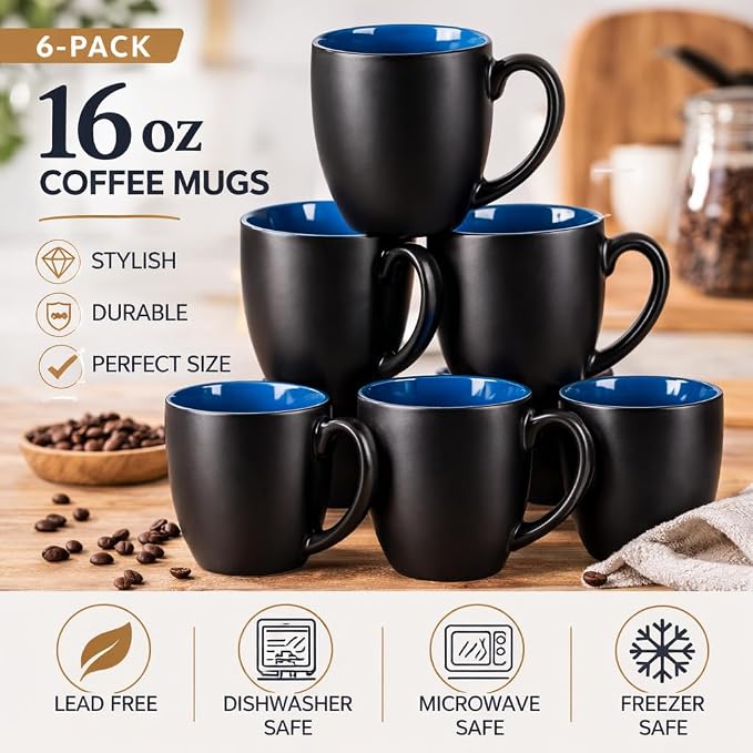 GBhome 16oz Coffee Mugs Set of 6, Large Ceramic Coffee Mugs for Man, Woman, Dad, Mom, Modern Coffee Mugs Set with handle for Tea/Latte/Cappuccino/Milk/Cocoa. Dishwasher&Microwave Safe,Blue