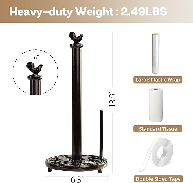 Cast Iron Rooster Paper Towel Holder for Kitchen Countertop - Vintage Coffee Gold Farmhouse Decor, Heavy Weighted Base Standing Dispenser for Easy One-Handed Tear, Fits Jumbo Rolls