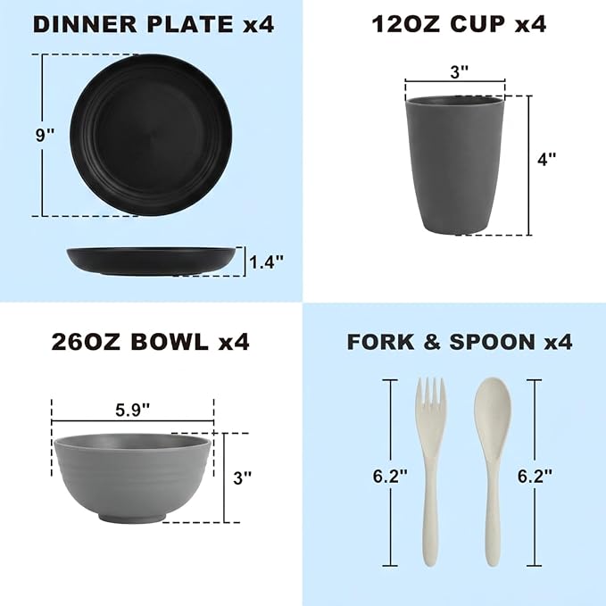 20 PCS Wheat Straw Plates and Bowls Sets,Kids Dishes Dinnerware Sets for 4,Unbreakable Kitchen Plates and Bowls Set for Travel Dishwasher & Microwave Safe Lightweight Dishes Set - BlackGrey