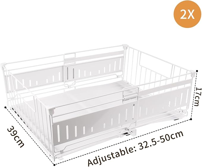 Expandable Pull Out Cabinet Organiser, No Drill Adhesive Slide Out Kitchen Drawer Shelf Durable Metal for Under Sink, Cupboard, Pantry, Adjustable Width (12.8"-19.7") (Style A White, 2 Pack)