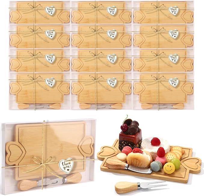 12 Set Bridal Shower Favors,Small Bamboo Charcuterie Boards Party Gifts for Guest,Baby Shower Thank you Gifts Bulk,Mini Cheese Boards with Knives and Forks for Wedding Birthday Return Gifts