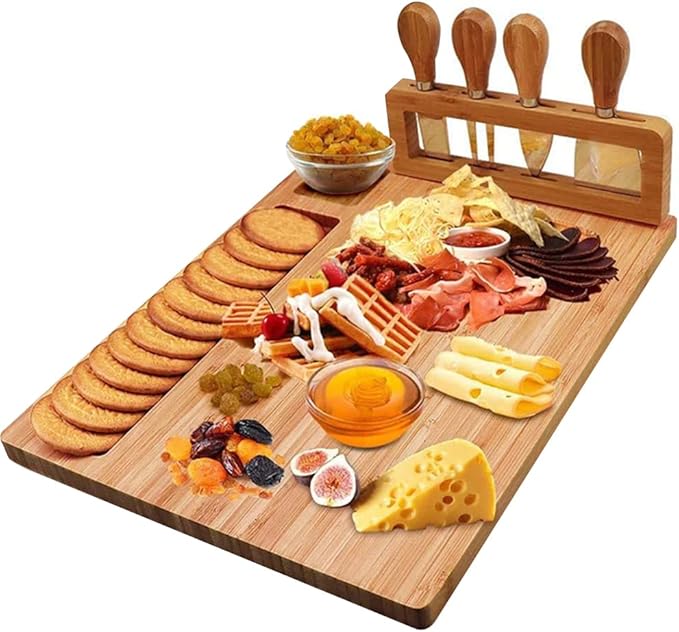 Bamboo Cheese Board and Knife Set,Cheese Platter - House Warming Gifts New Home, Anniversary & Wedding Gifts for Couple, Housewarming Gift New House (Style1)/661, 21213