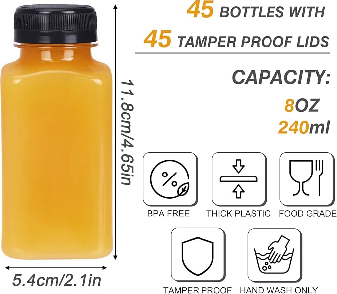 TOMNK 45pcs 8oz Plastic Juice Bottles with Black Caps Empty Reusable Clear Bottles with Label, Funnel and Brush Beverage Containers Bulk with Lids for Juicing, Smoothies, Fridge