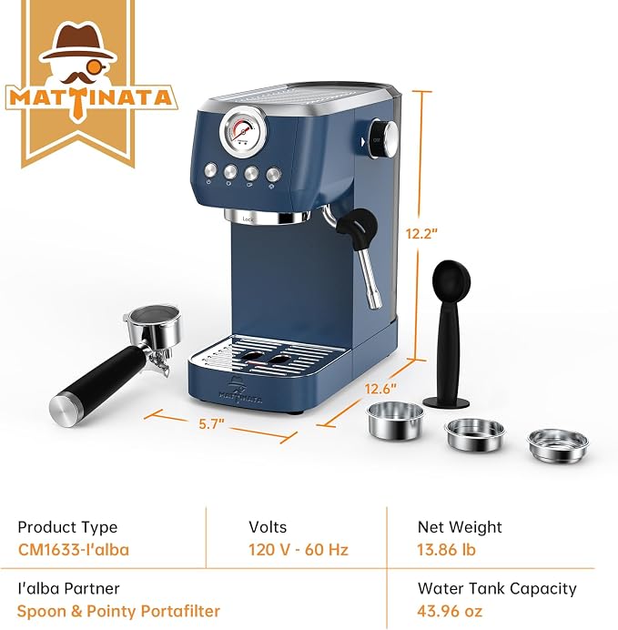 MAttinata Espresso Machine 20 Bar, Compact Espresso Maker with Milk Frother | Coffee Maker, Professional Pump, Steam for Cappuccino Latte, Barista Pressure Gauge, Small for Home, Stainless Steel, Blue
