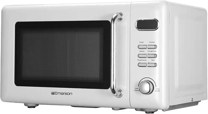 Emerson MWR7020W Compact Countertop Microwave Oven with Button Control, LED Display, 700W 5 Power Levels, 8 Auto Menus, Glass Turntable and Child Safe Lock, 0.7, Retro White
