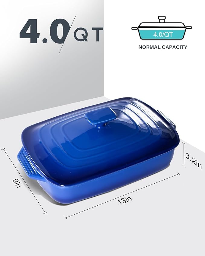 Lareina Large Ceramic Casserole Dish with Lid, 4.0 Quart Covered Rectangular Stoneware Baking Dishes for Oven, Deep 9x13 Inch Lasagna Pans for Baking and Serving, Perfect for Christmas, Blue