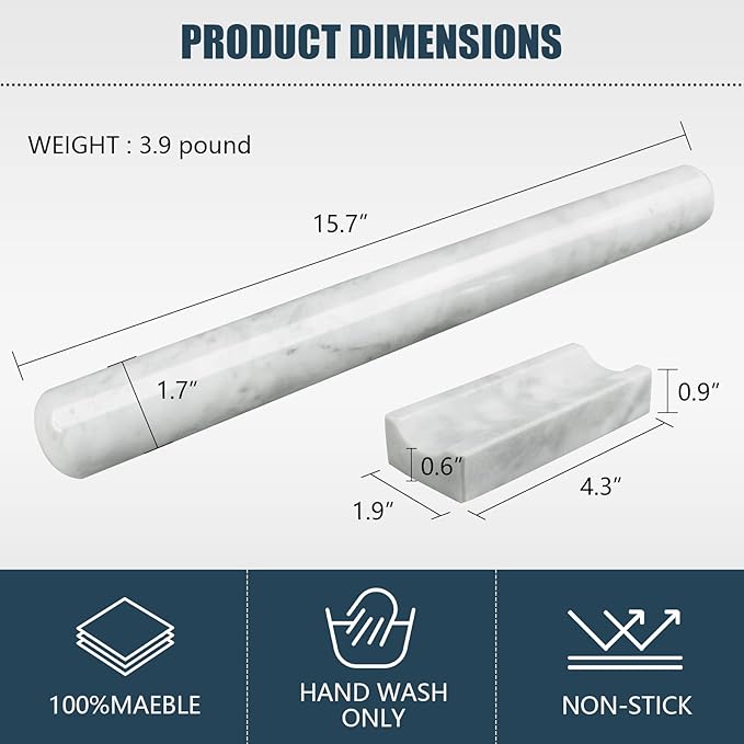 Marble Rolling Pin with Stand, 15.7" White Stone French Heavy Polished Non Stick Cookie Pizza Pastry Dough Baker Roller for Kitchen Baking