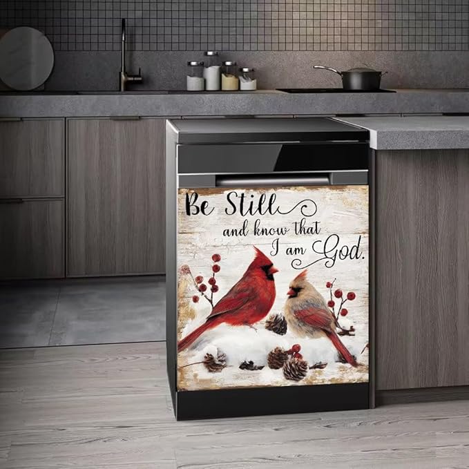 Red Hummingbird Dishwasher Magnet Cover,Winter Snow Scene Dishwasher Magnetic Sticker,Pine Cone Refrigerator Panel Decal,Wood Grain Washing Machine Front Door Magnetic Decoration,23"x26"