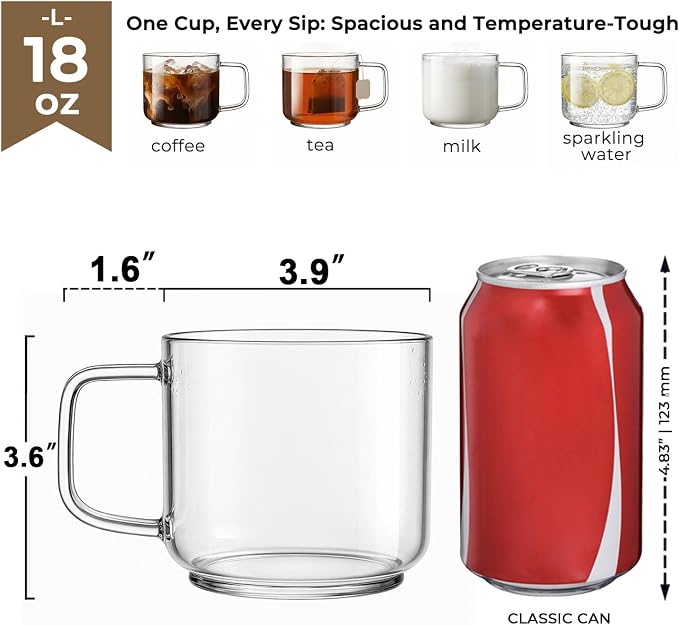 Aquach 18oz Glass Coffee Mugs Set of 2, Large Clear Borosilicate Cups | Dishwasher/Microwave Safe, Single-walled, Smooth Rim, Comfort Handle, Stable Thick Base, Large Capacity