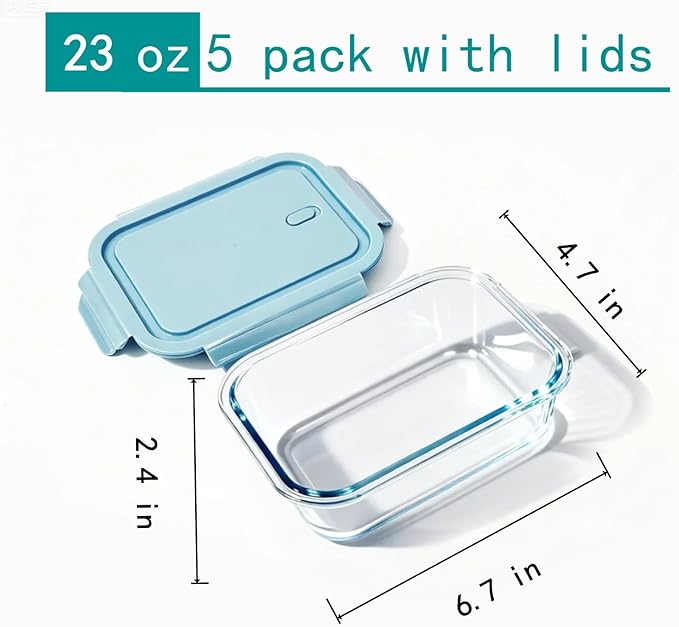 5Pack (23oz with Lunch Bag) Glass Food Storage Containers with Lids for Kitchen Meal Prep, Fridge Organization, Lunch Box