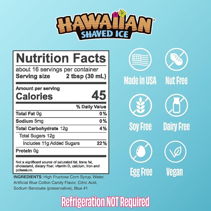 Hawaiian Shaved Ice Blue Cotton Candy Syrup - Nut Soy Dairy Free - Flavor Fluffy & Crunchy Snow Cones - Shelf Stable - Makes 8 Servings - 16 ounces