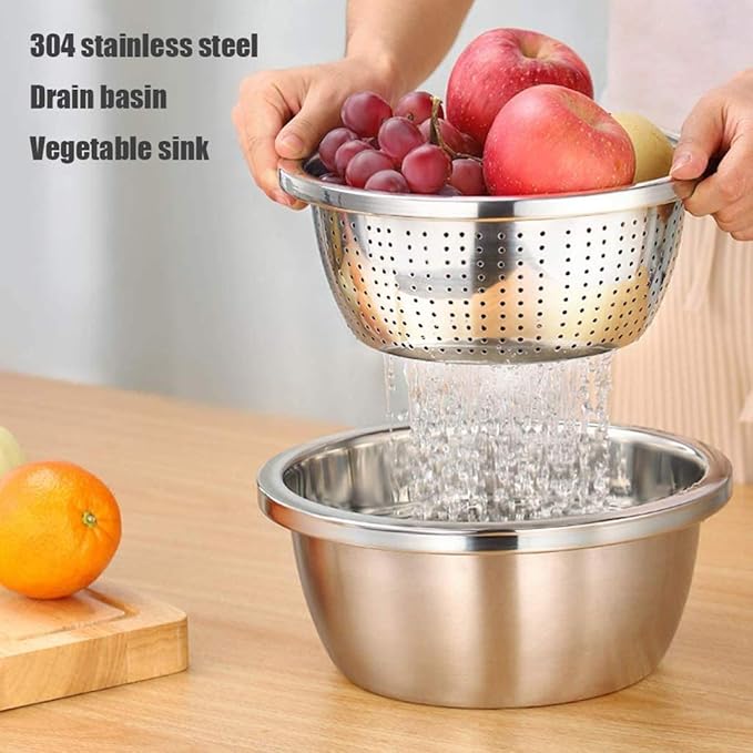 Linkidea 304 Stainless Steel Colander with Bowl Set of 2, Kitchen Strainer, Washer, Drainer Basket with Basin for Vegetable, Fruits, Pasta, Salad Mixing, Food Prep, Heavy Duty & Dishwasher Safe
