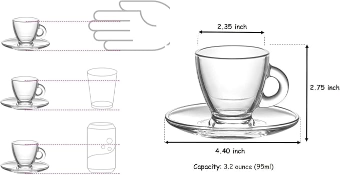 BOHEM'S Espresso Cups, 3.2-Ounce. Small Demitasse Clear Glass Espresso Drinkware, Set Of 2 Cups, Saucers and Stainless Steel mini Spoons, Hostess, Coffee Lover/Enthusiast (clear)