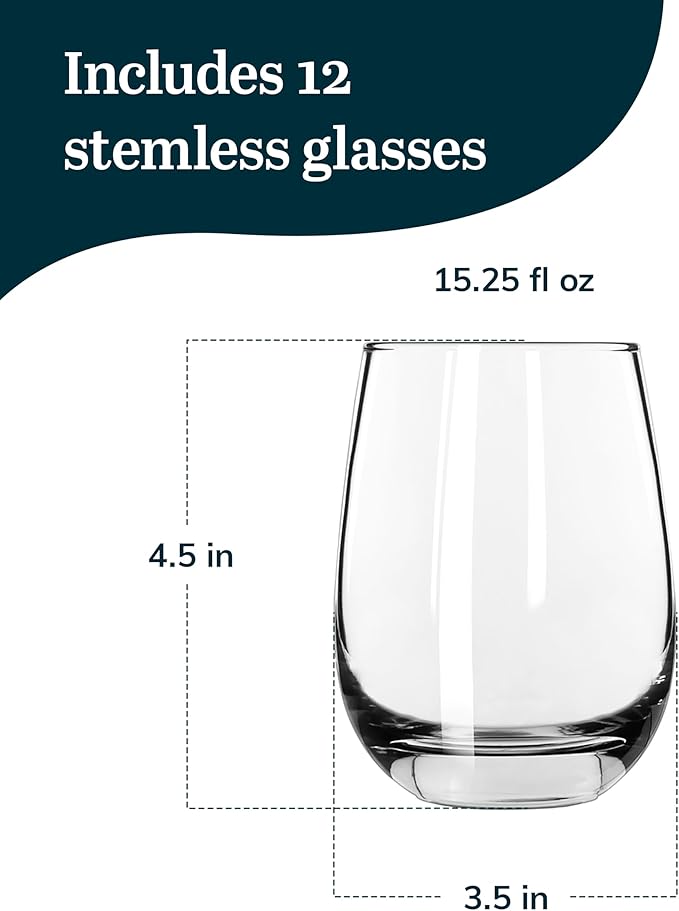 Libbey 231 Stemless Wine Glasses Set of 12, Clear, Restaurant Quality Red and Wine Glass Set, Glassware Set for Large Gatherings and Events