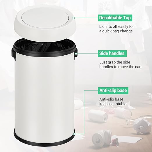Garvee 17 gal/65 L Trash Can, Fingerprint-Proof Stainless Steel Swing Top Garbage Can, Heavy Duty Commercial Round Trash Bin with Swing Lid for Restaurant, Home, Office,White